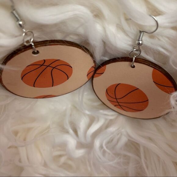Handmade Basketball Wood Earrings - Picture 2 of 3
